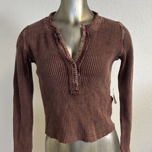 Free People Brown Waffle Knit Long Sleeve Top Size XS